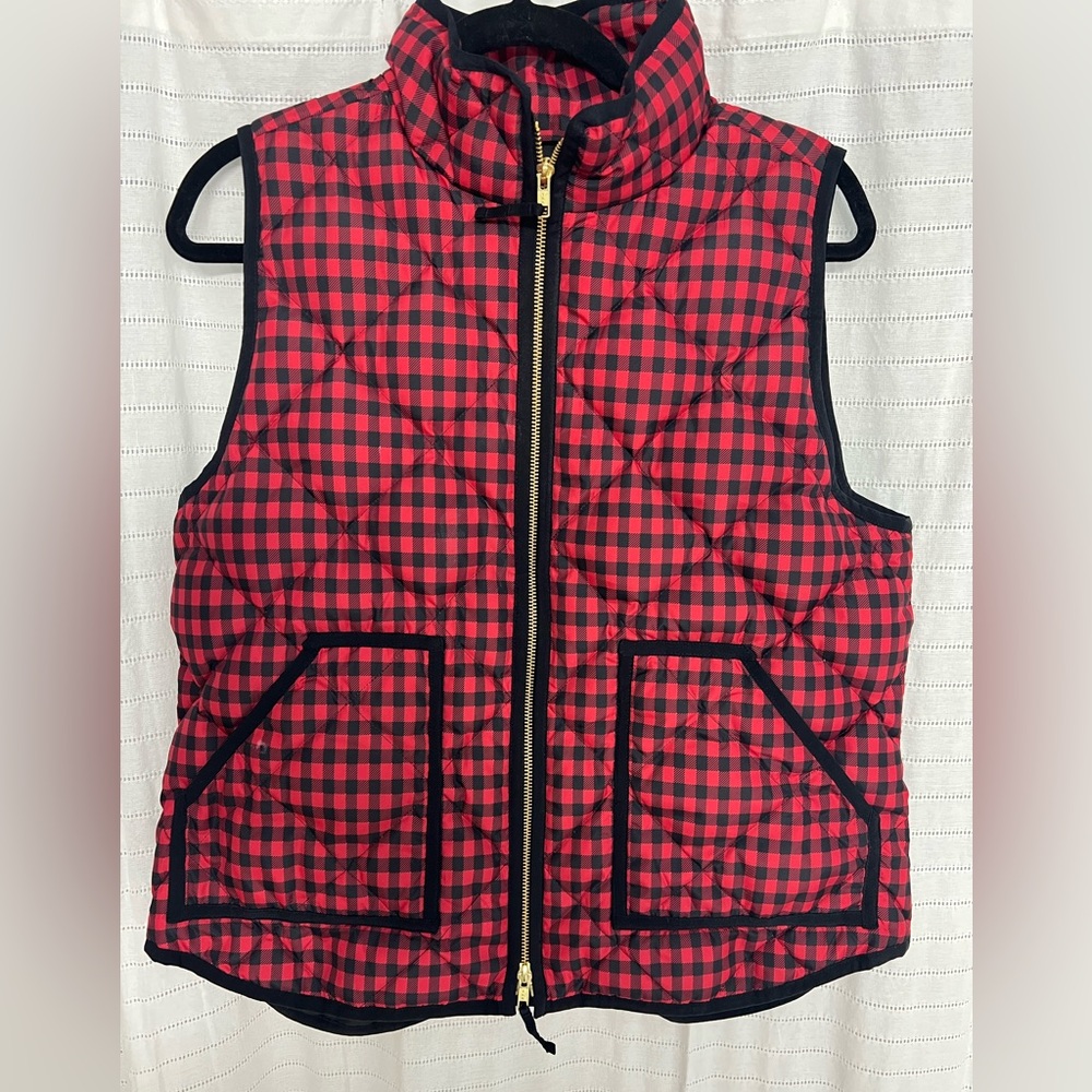 J. Crew gingham black and red down vest, size large